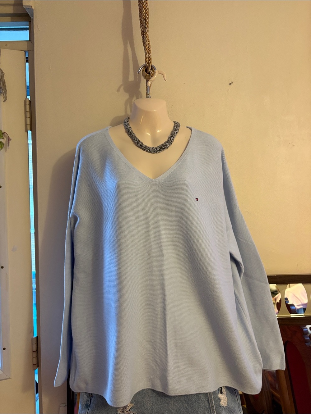 Tommy Hilfiger Light Blue V-Neck Pullover Sweater. Cotton